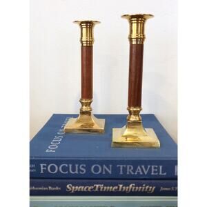 Pair of Vintage Wood and Brass Candlestick Holders 7.75" Tall